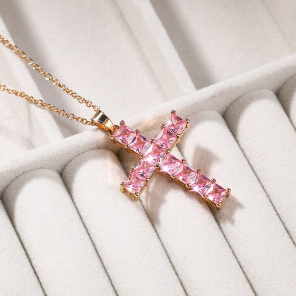 Gold & Pink Cross Necklace CZ Cubic Zircon Diamond Pendant, Jesus, Church Bling - Picture 4 of 5